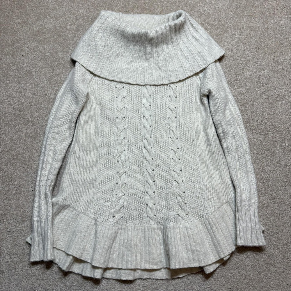 Smartwool Sweater Womens Medium Cream Merino Cable Knit Cowl Neck Tunic Ruffle